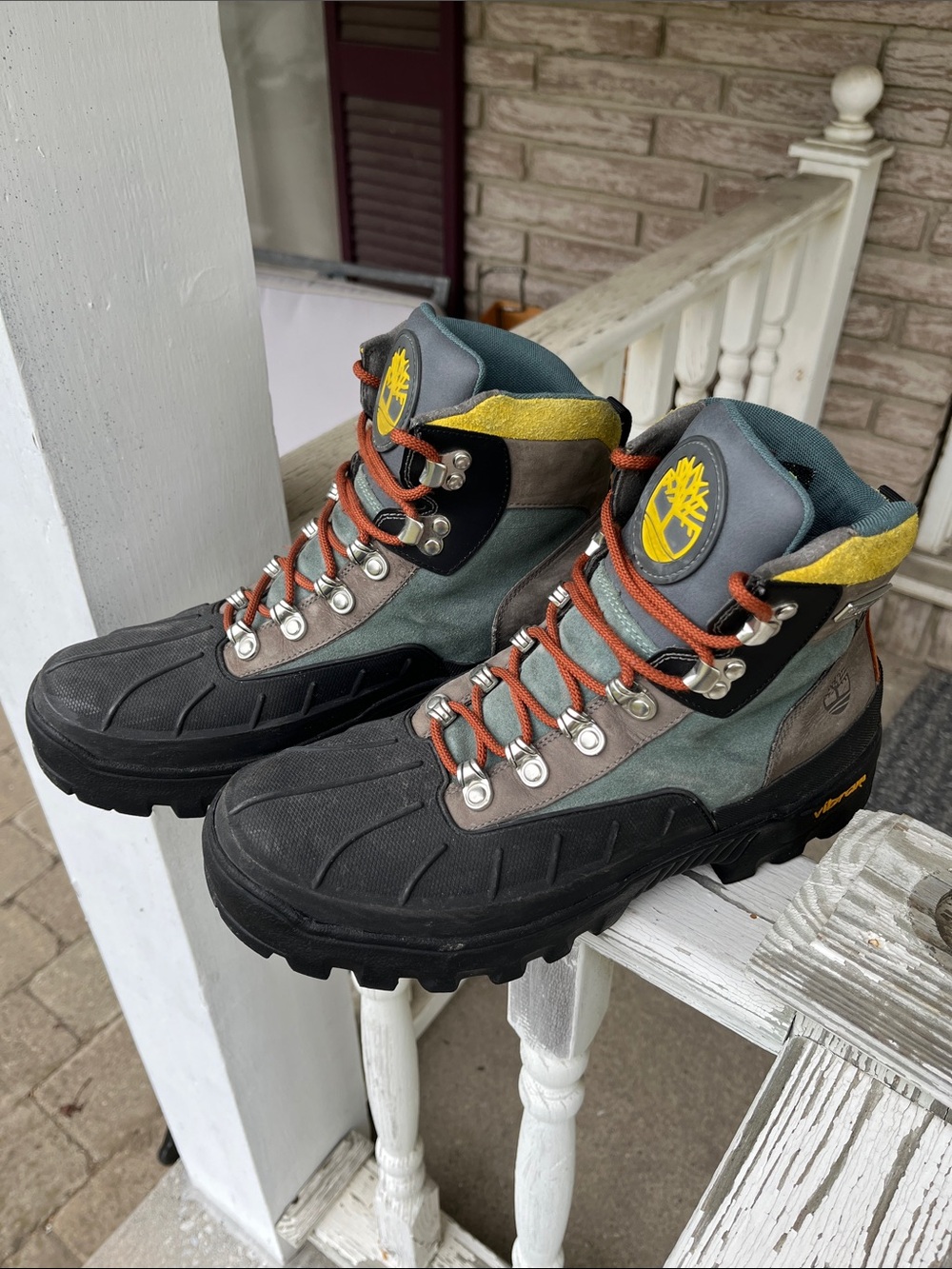 Timberland Black, Muted Teal and Yellow Rugged Waterproof Hiking Boots